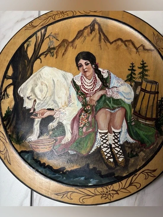 Vintage Women Sitting With Dog Art Wooden - Picture 3 of 4